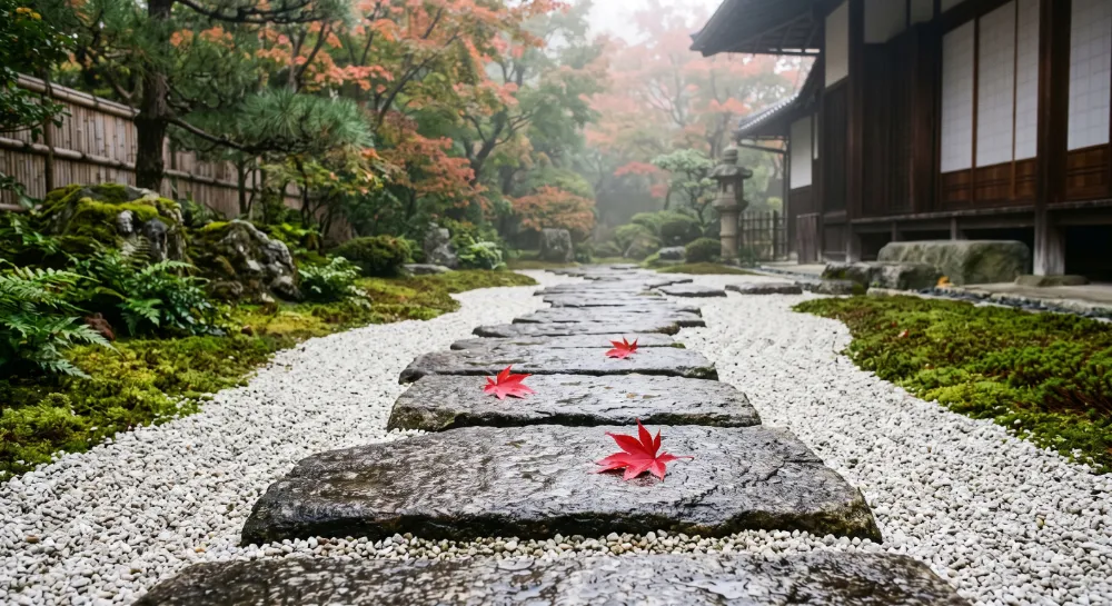 掃き清められた石畳の上に、静かに佇む数枚の紅葉の葉