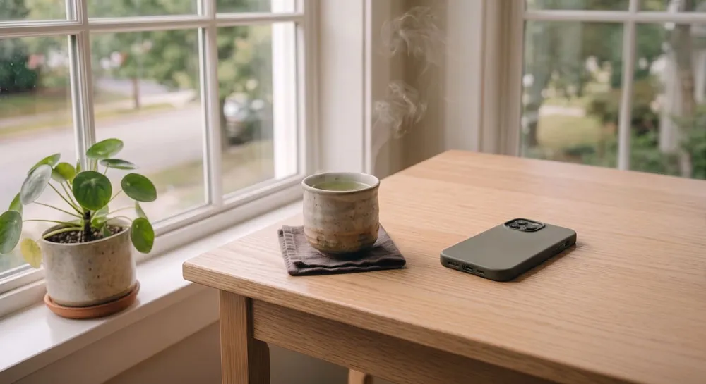伏せられたスマートフォンの横、風合いのある器に注がれた一杯のお茶