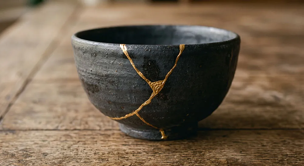 黒く粗い釉薬の茶碗に走る、金継ぎの細い金の線
