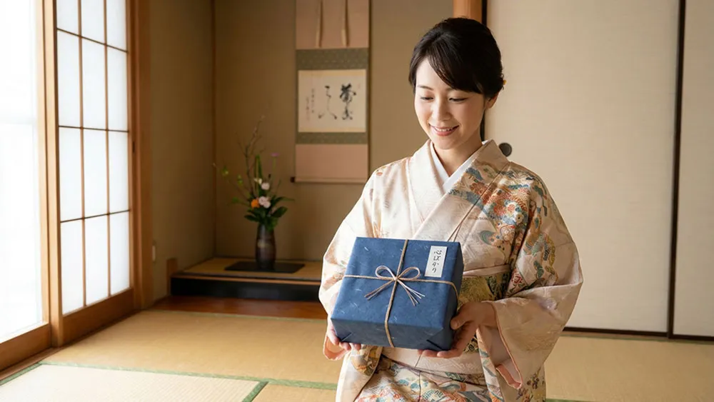 お茶のギフトを手に持っている女性の写真