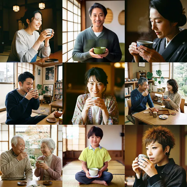 お茶を楽しむ老若男女の写真