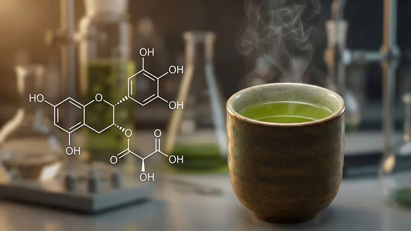 カテキンの化学記号とお茶の写真