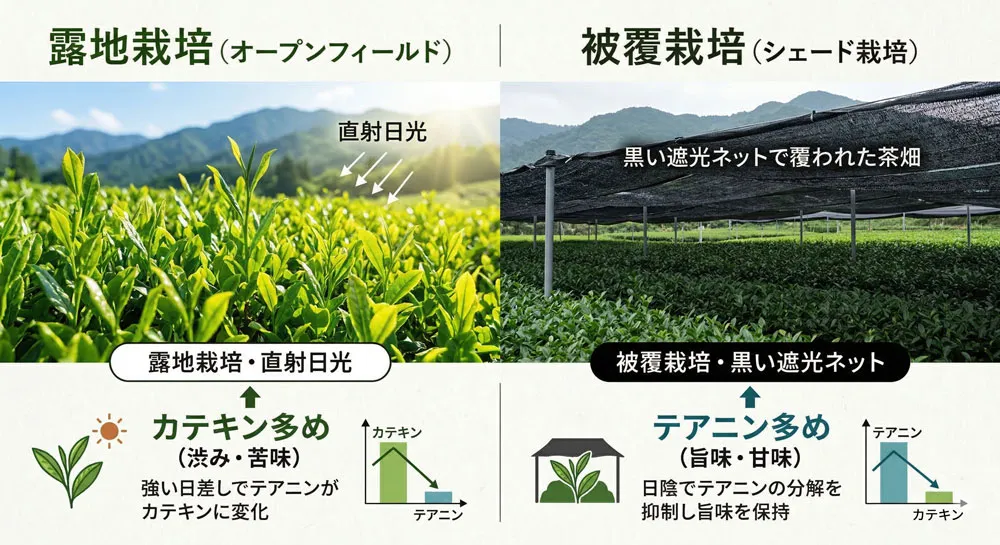 露地栽培と被覆栽培の比較写真。左：直射日光が降り注ぐ緑の茶畑（露地栽培・カテキン多め）。右：黒い遮光ネットで覆われた茶畑（被覆栽培・テアニン多め）。それぞれの成分特性を示す矢印とテキストを添えたインフォグラフィック
