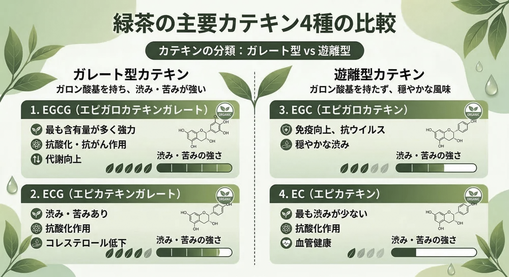 4種類のカテキン（EGCG・EGC・ECG・EC）の特徴をまとめたインフォグラフィック。ガレート型（EGCG・ECG）と遊離型（EGC・EC）の分類を示し、各成分の渋み・苦みの強さと主な特徴を比較した図解。緑を基調としたシンプルなデザイン