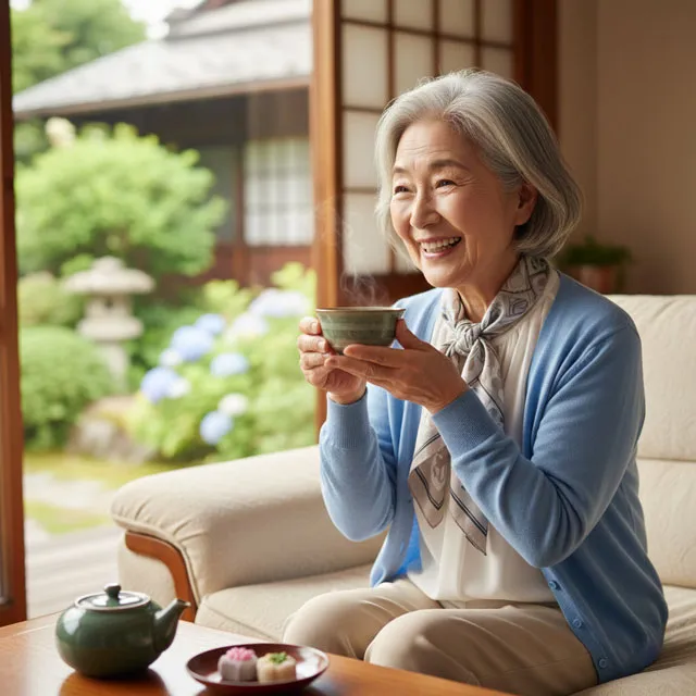 深蒸し茶を楽しむ女性