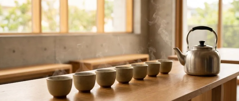 大きなヤカンから複数の湯呑みにお茶を注ぎ分ける様子
