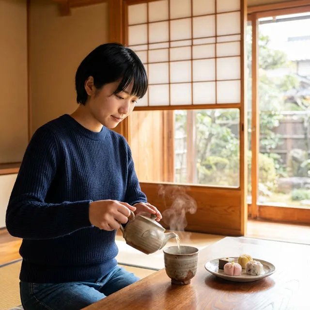 お茶を湯呑に注いでいる女性