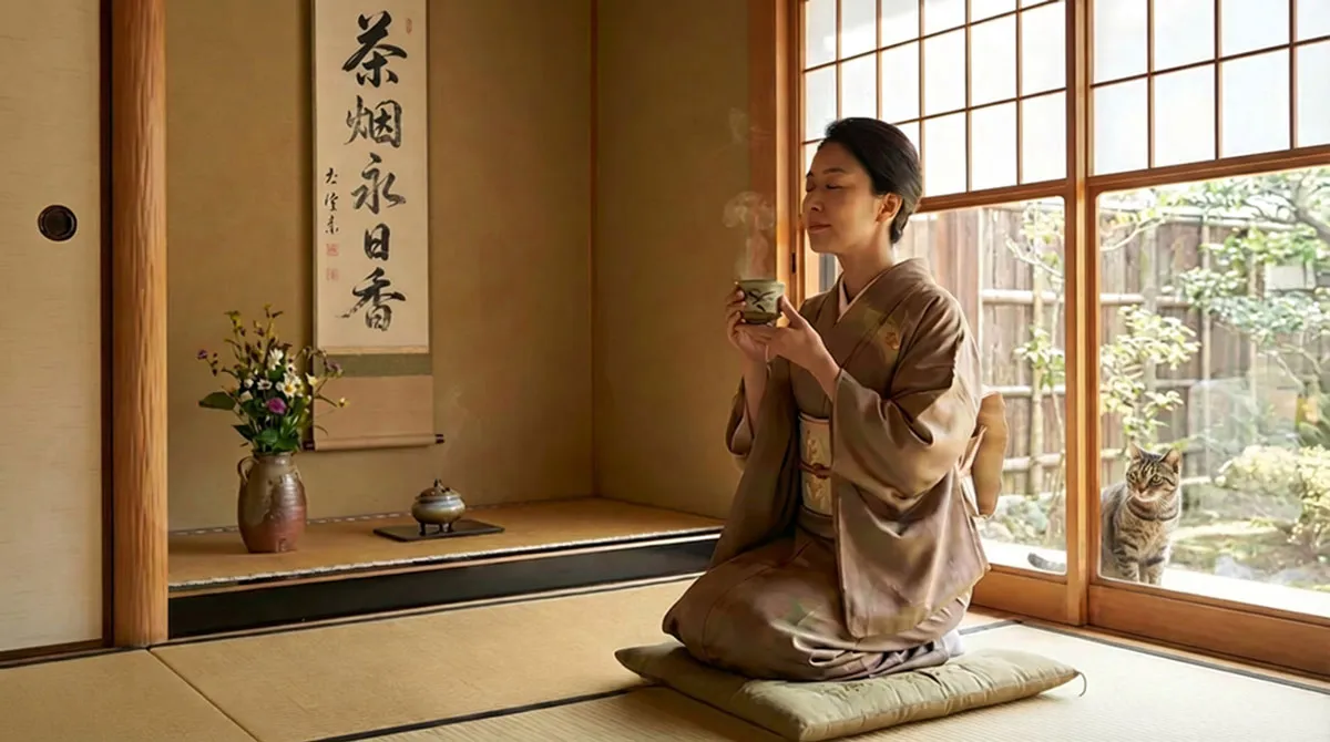 お茶の香り嗅いでいる和服の女性