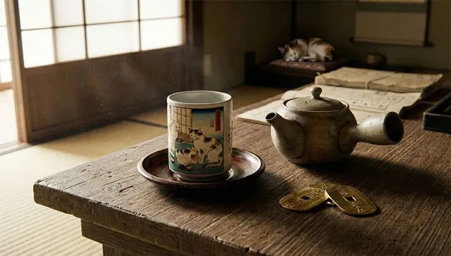 お茶と猫と小判の写真