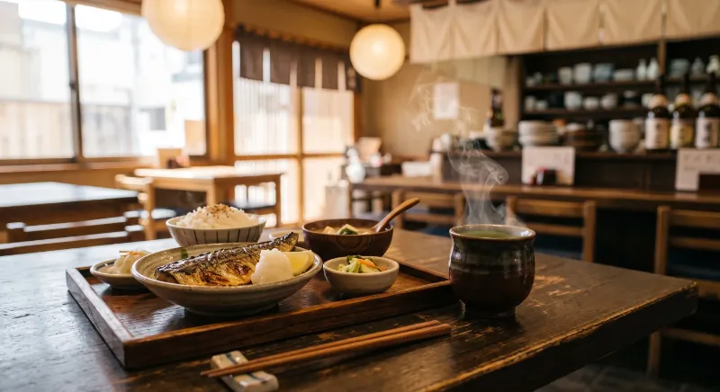 飲食店・食堂での食事とお茶のイメージ