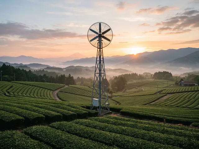 夜明けの茶畑に立つ防霜ファン。大きなプロペラが朝焼けの空を背景に見えている静岡の茶園風景