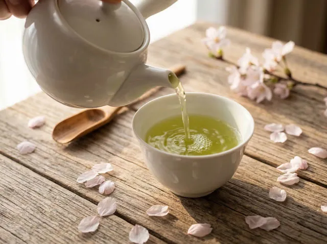 新茶を急須から湯呑みに注いでいる写真