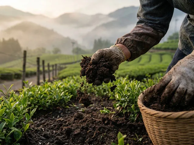 静岡の茶畑で土の状態を見ている茶職人