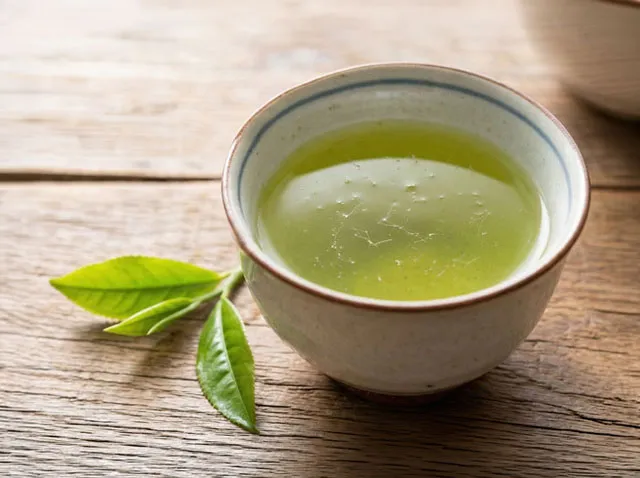 毛茸（もうじ）が浮いている新茶の入った湯呑と茶葉